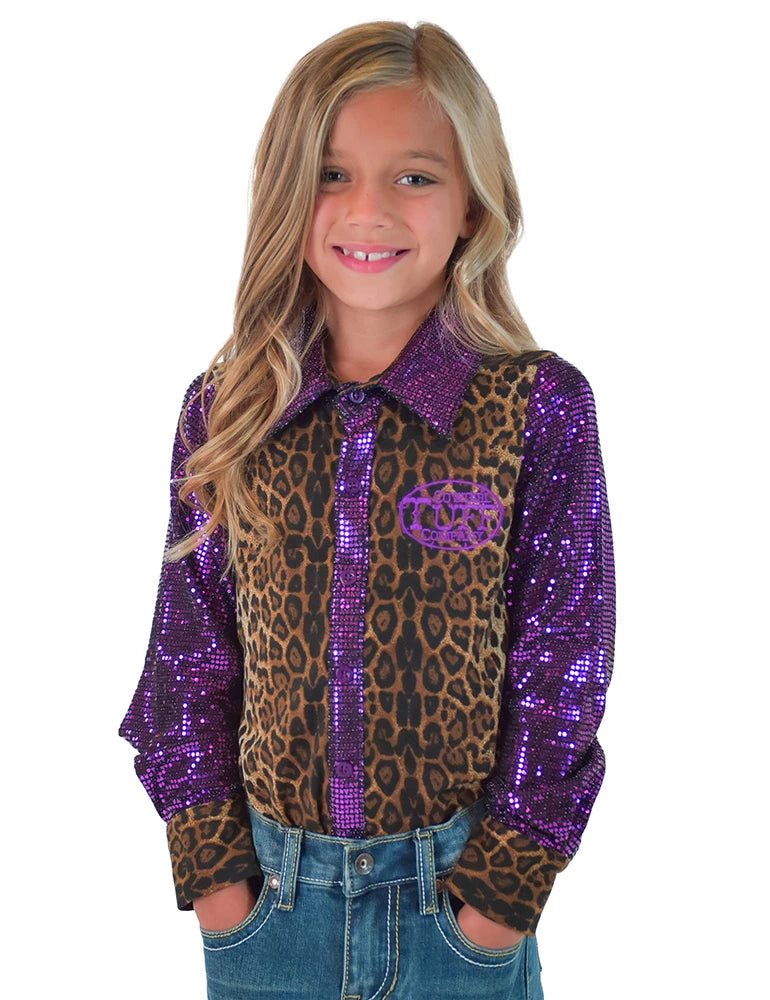 Girls Leopard Jersey with Purple Sequin Sleeves & purple embroidered logo Pullover Button Up