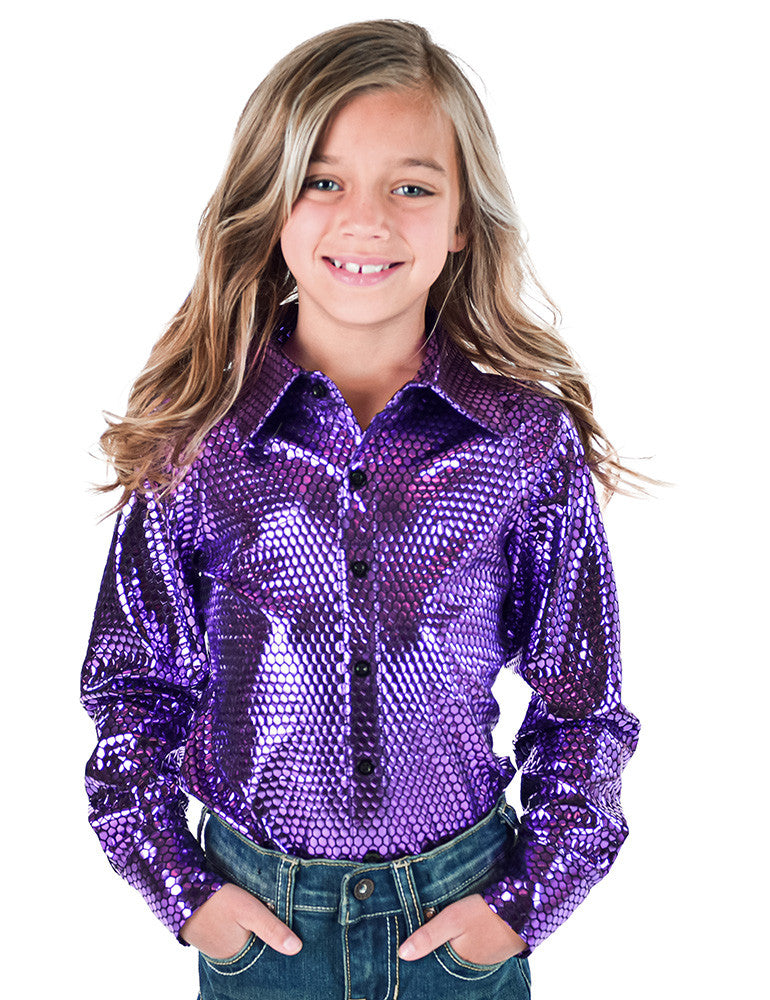 Girl's Bright Lilac Foil Metallic Pullover Button Up Lightweight & medium Stretch