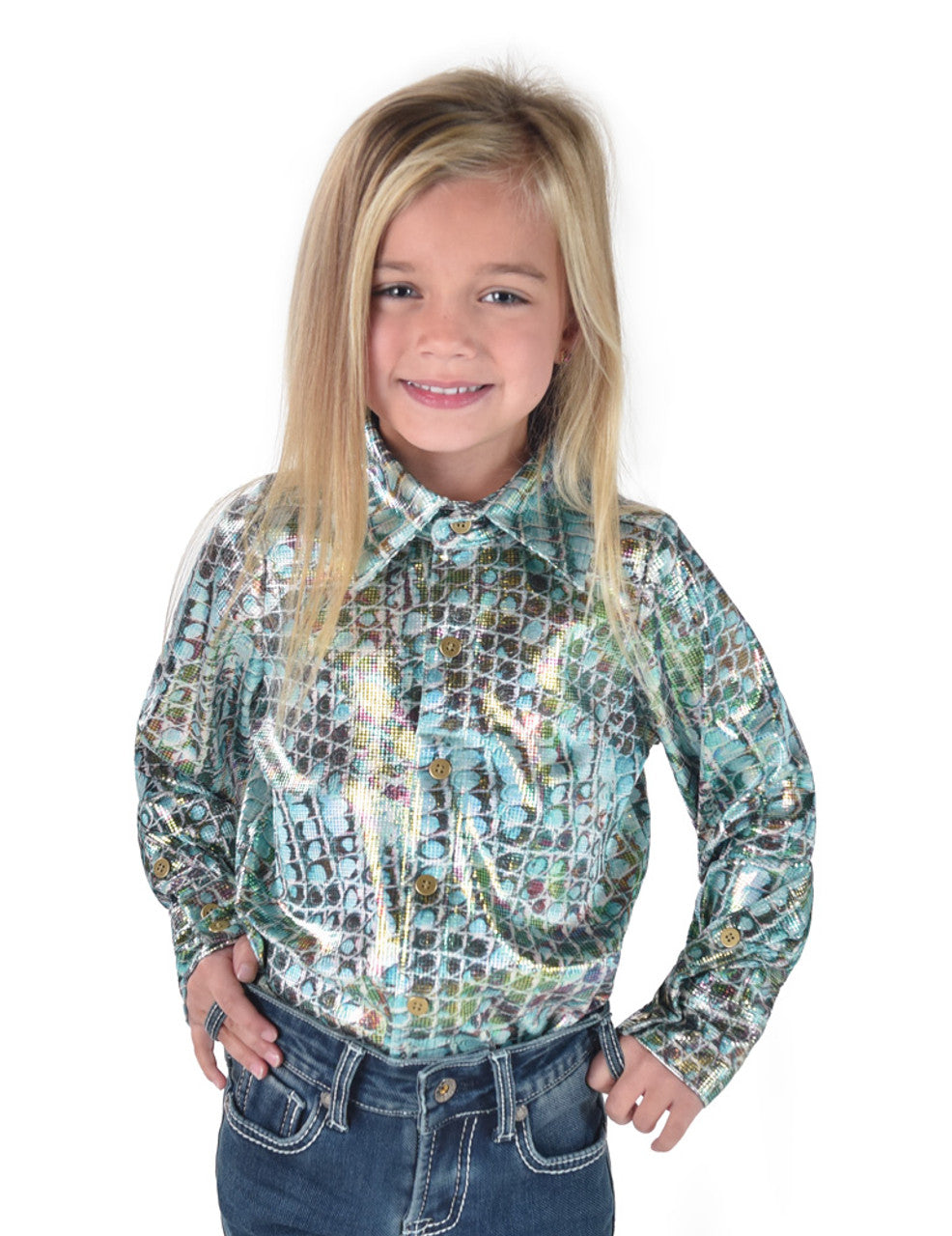 Girls Pullover Button Up (Colorful Print With Iridescent Foil in Lightweight jersey)