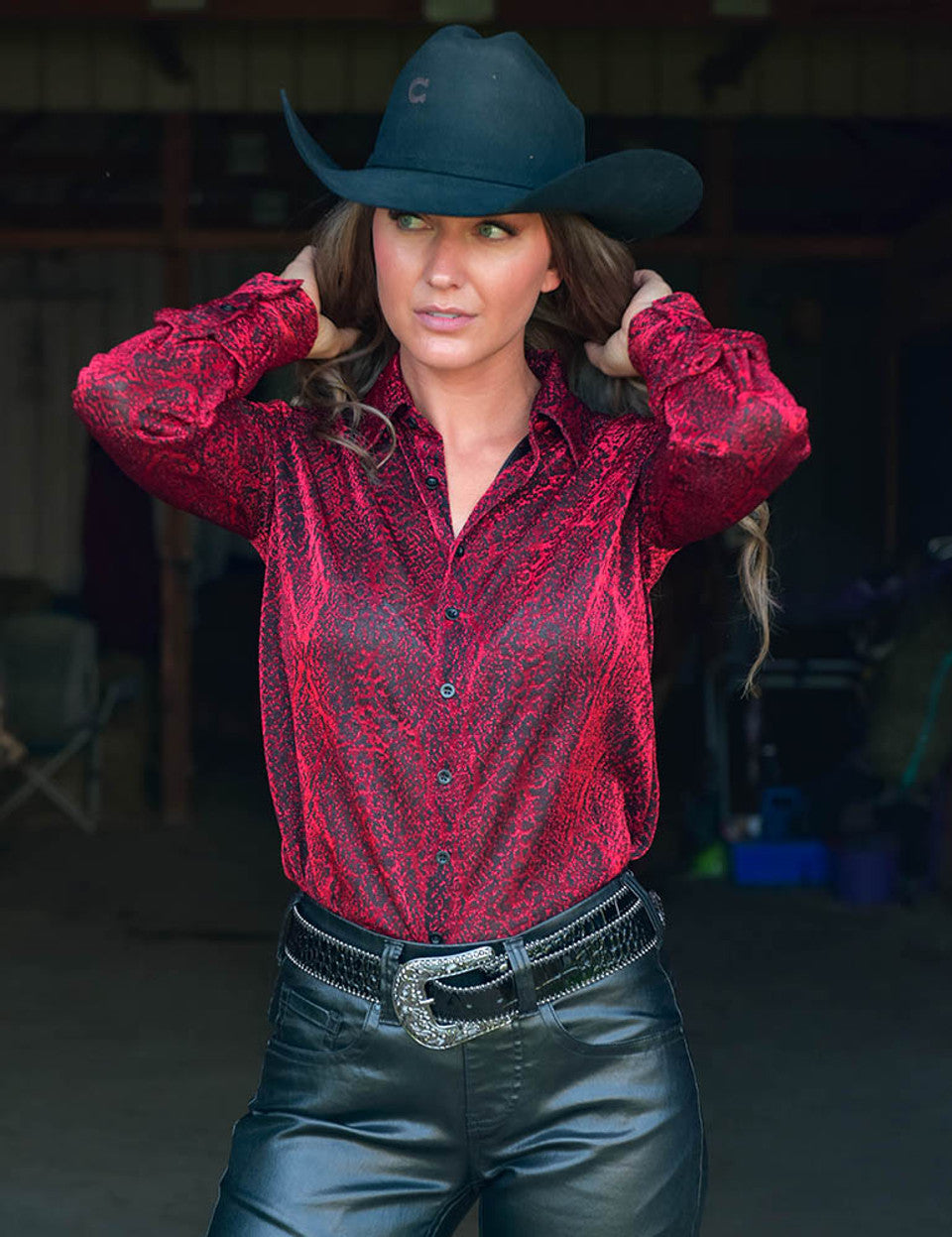Pullover Button Up (Red Textured Shimmer Lightweight Stretch Jersey)
