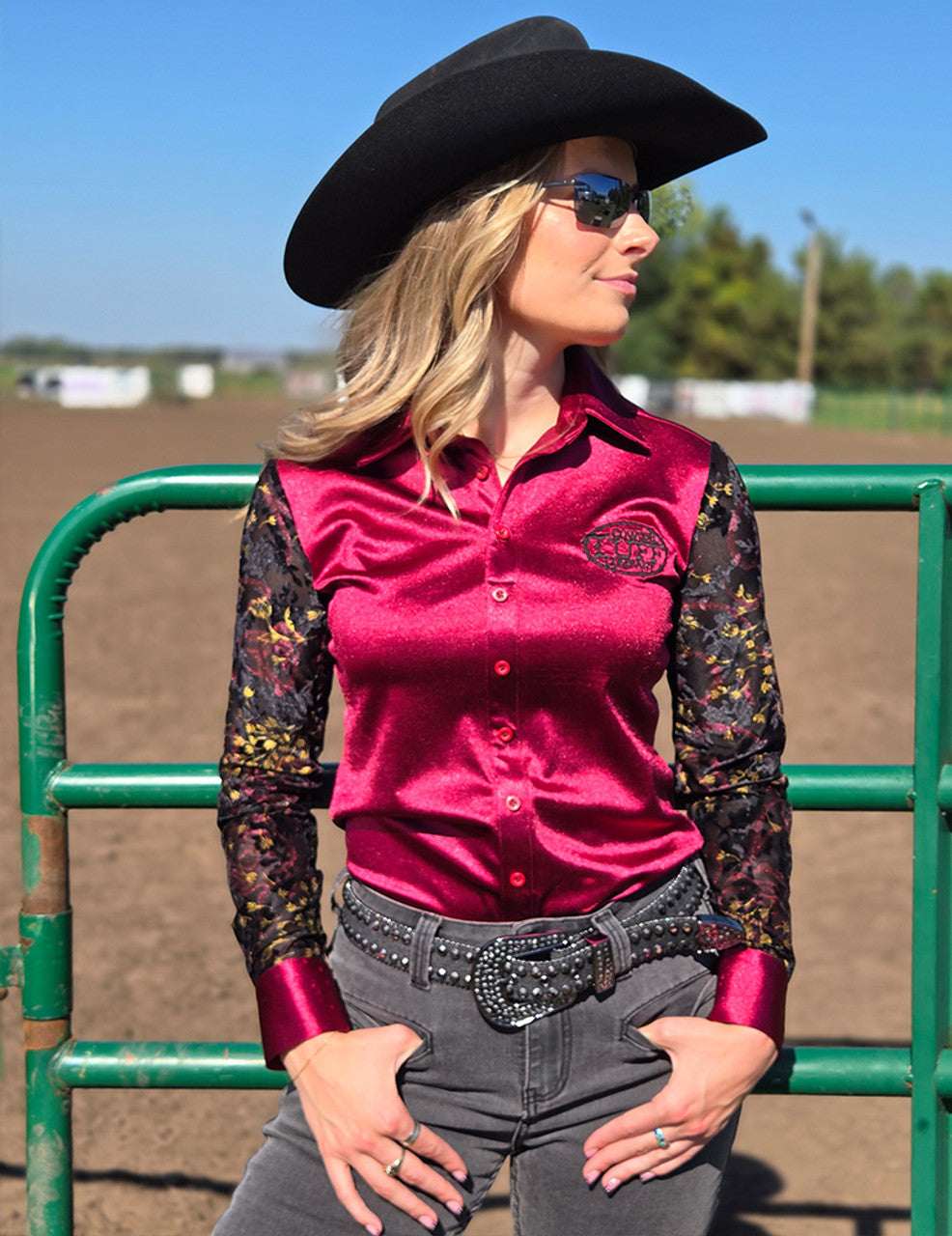 Ruby Red Satin with Sheer Velvet Sleeves Pullover Button Up