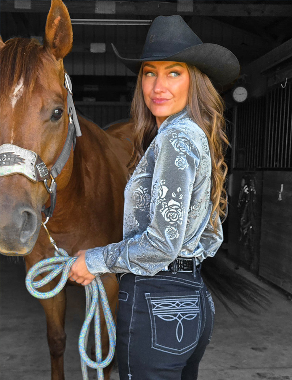 Pullover Button Up (Chrome Silver Gray Roses Lightweight and High Stretch)