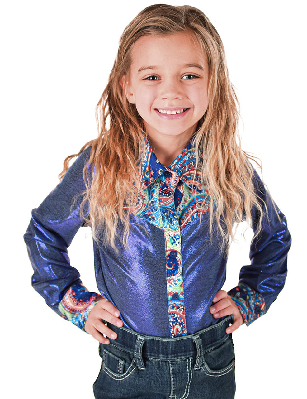 Pullover Button Up (Girls Blue Metallic With Colorful Paisley Accents Lightweight Stretch Jersey)
