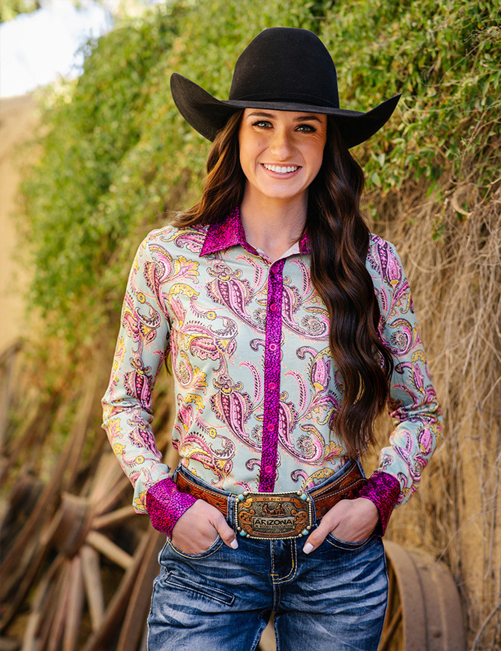 Pullover Button Up (Colorful Paisley With Pink Foil Metallic Accents Lightweight Stretch Jersey)
