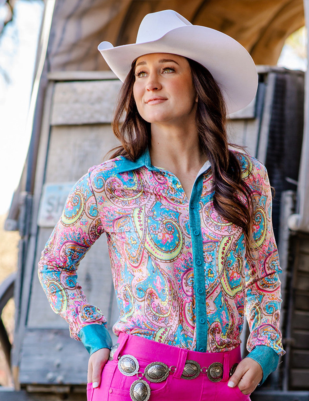 Pullover Button Up (Pink Paisley With Turquoise Foil Metallic Accents Lightweight Stretch Jersey)