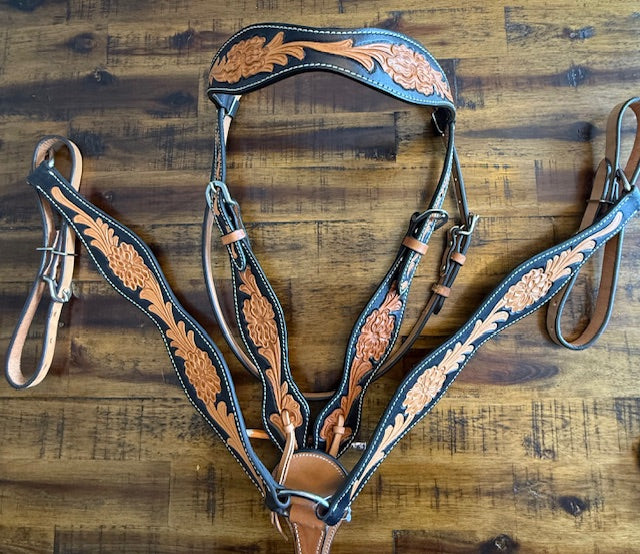 Leather Floral Tooled Headstall and Breast Collar Set