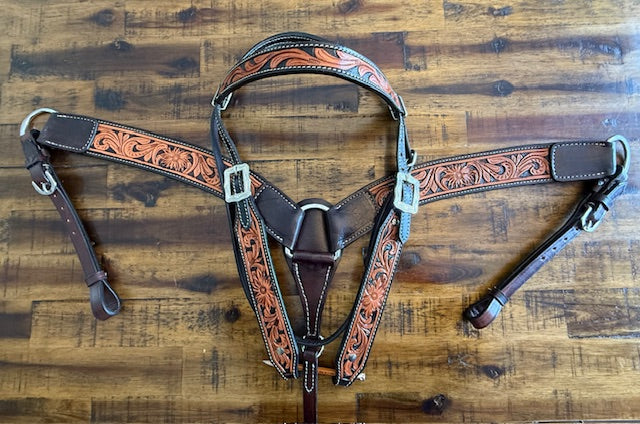 Leather Floral Tooled Headstall and Breast Collar Set