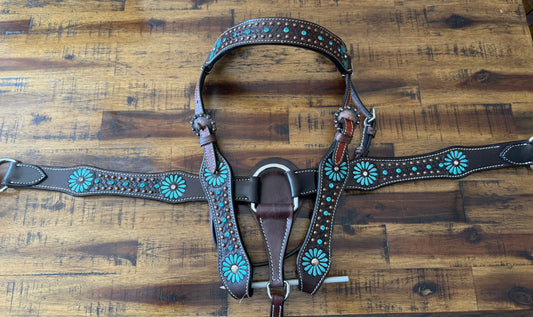 Large Pony/ Small Horse size Dark brown leather headstall and breast collar set with painted turquoise flower and turquoise stones