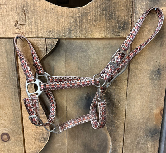 Premium Nylon Horse Sized Halter with Orange Southwestern Print