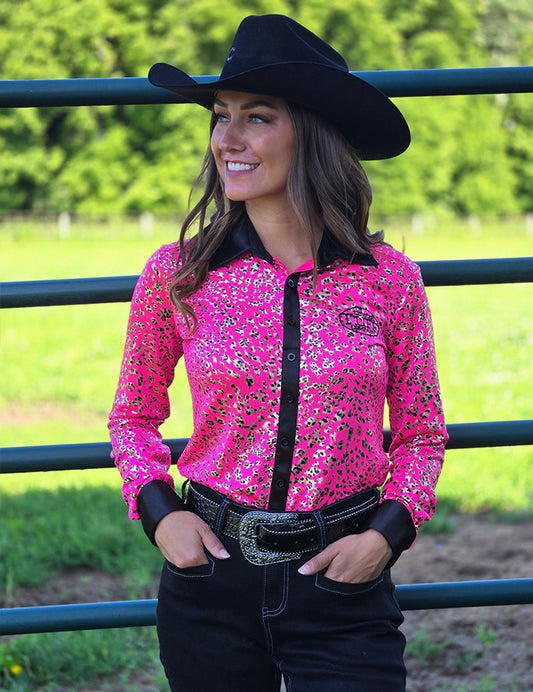 Pullover Button Up (Hot Pink Leopard Jersey with Black Satin Trim with Black Embroidered Logo)