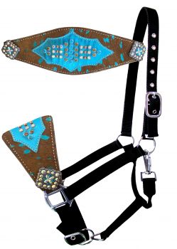 Nylon bronc halter with acid wash hair-on cowhide noseband with teal accent, and conchos