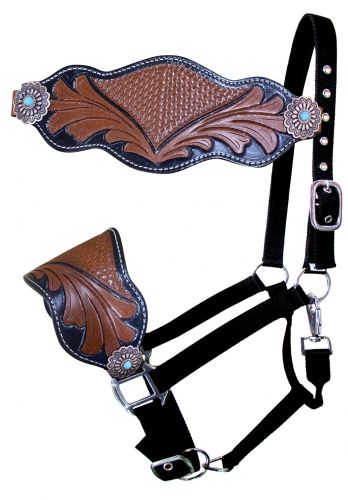 Adjustable nylon bronc halter with two-tone tooled floral noseband