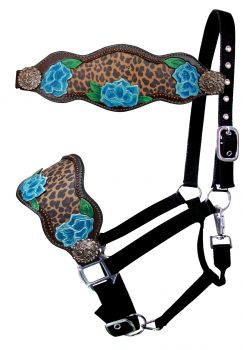 Adjustable black nylon bronc halter with painted flower design with cheetah inlay nose band