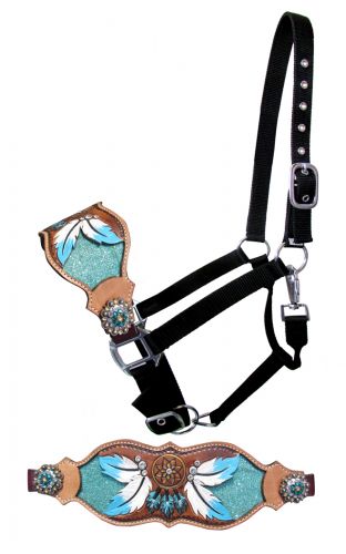 FULL SIZE Leather bronc halter with teal dreamcatcher design