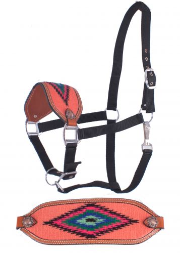 Adjustable nylon bronc halter with a embroidered pink noseband