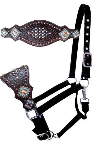 Nylon bronc halter with gator overlay and turquoise and copper bead accent