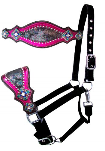 Nylon bronc halter with rainbow metallic print and pink metallic leather accent