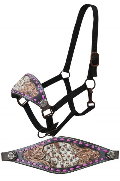 FULL SIZE Black leather bronc halter with pink buck stitch and floral tooling