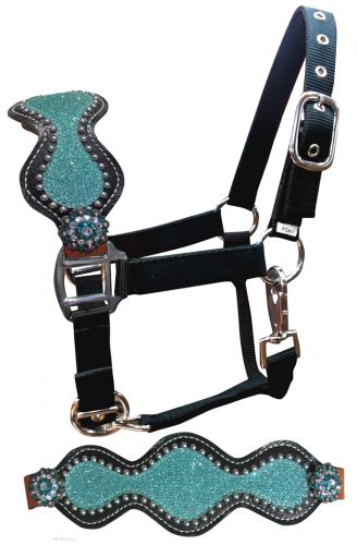 Pony Leather Bronc Halter with Teal Glitter Inlay