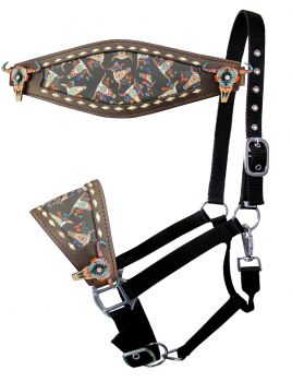 Nylon bronc halter with painted southwest design cowskull