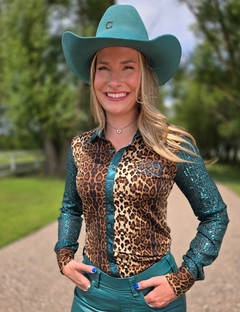 Leopard Jersey & Emerald Satin with Emerald Sequin Sheer Sleeves Pullover Button Up