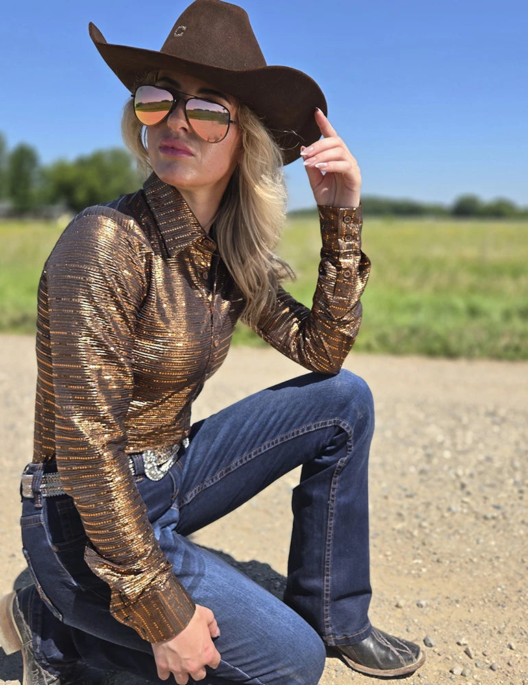Copper Shimmer with Copper Sequins Pullover Button Up