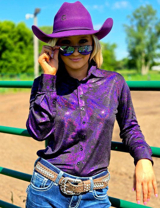 Pullover Button Up (Dark Purple Iridescent Swishes Over Black)