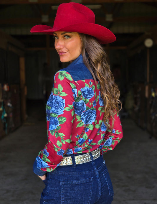 Pullover Button Up (Blue Roses on Red Jersey Finished with Embroidered Logo on Denim)