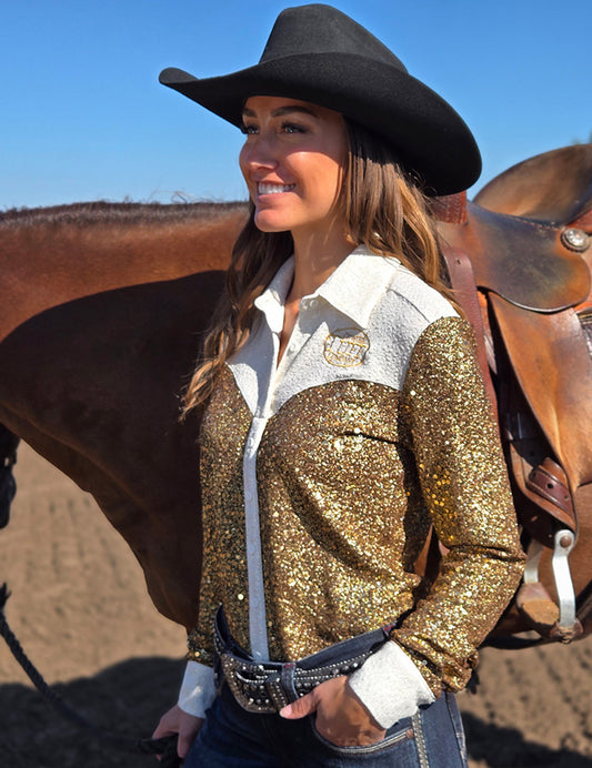 Gold Buckle Sequin with Cream Shimmer Pullover Button Up