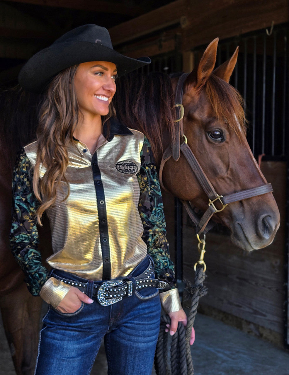 Gold Foil with Sheer Velvet Sleeves Pullover Button Up