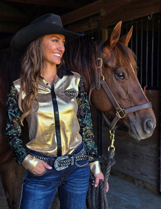 Gold Foil with Sheer Velvet Sleeves Pullover Button Up
