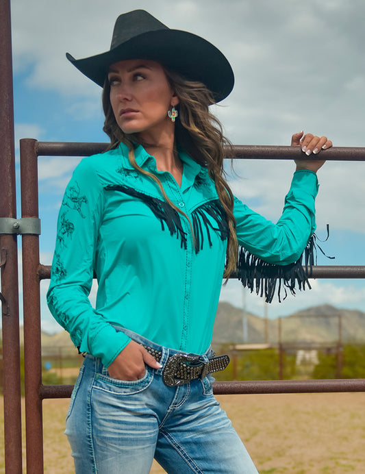 Pullover Button Up (Black Turquoise Breathe Lightweight Stretch Jersey With Printed Horses)