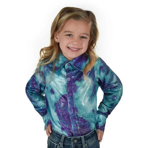 Girl's Pullover Button Up Shirt - Turquoise Cotton Candy Print