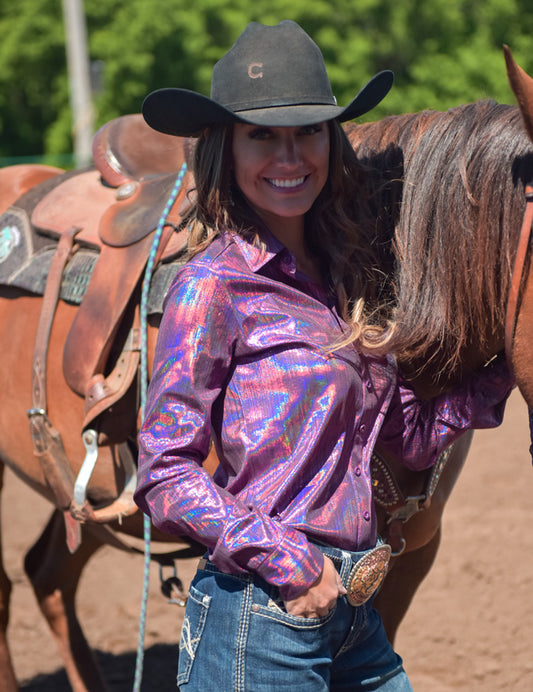 Pullover Button Up (Fuchsia Metallic Shimmer Lightweight Stretch Jersey)