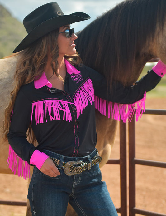 Pullover Button Up (Black And Hot Pink Breathe Lightweight Stretch Jersey With Printed Logos)