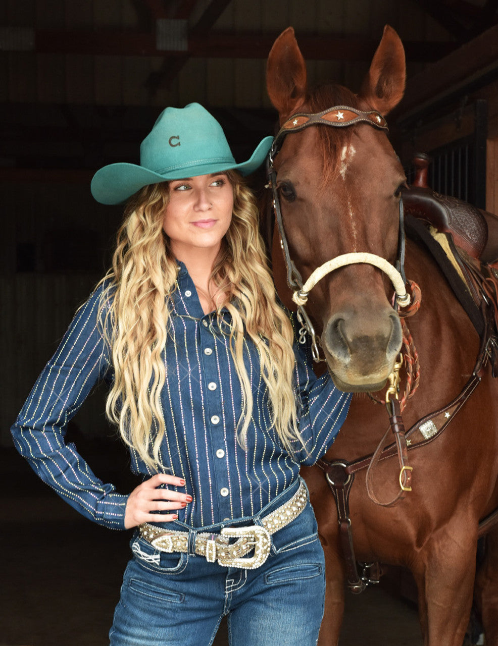 Pullover Button Up (Dark Ultra Breathe denim with rows of crystal embellishing)