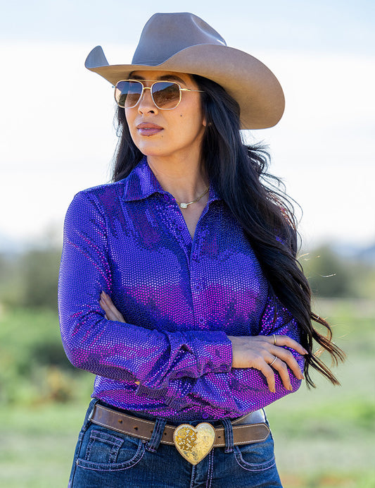Purple Sequin Pullover Button Up medium weight & stretch
