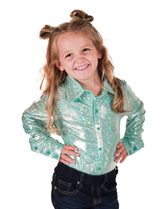 Girls Pullover Button Up (Mint Holographic Foil Lightweight Stretch Jersey)