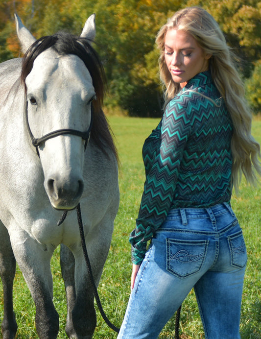 Pullover Button Up (Green And Gray Chevron Print Lightweight Stretch Jersey)