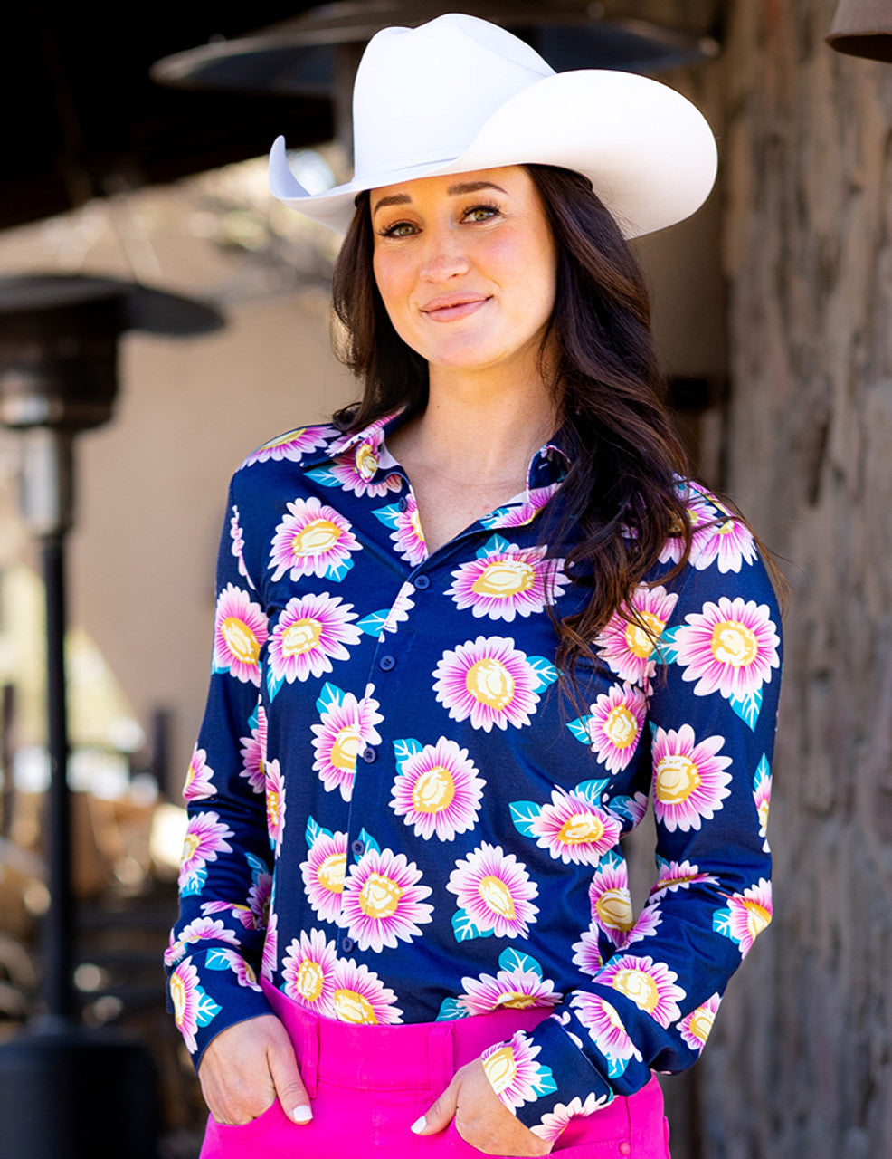 Pullover Button Up (Blue With Pink Floral Print Lightweight Stretch Jersey)