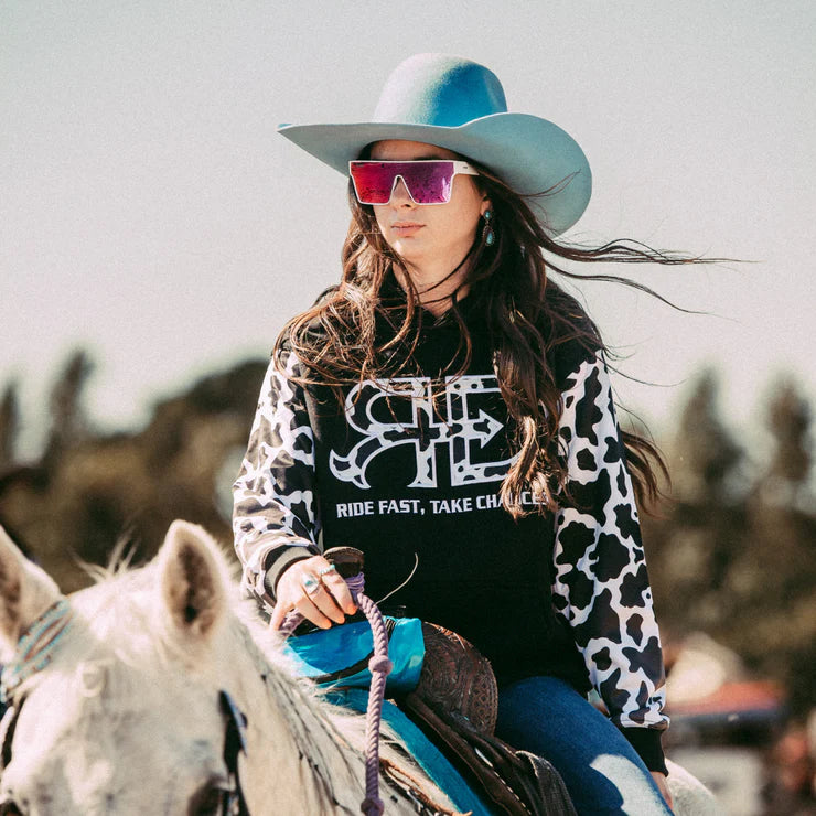 Rocket Donkey Hoodie Black Cow Print