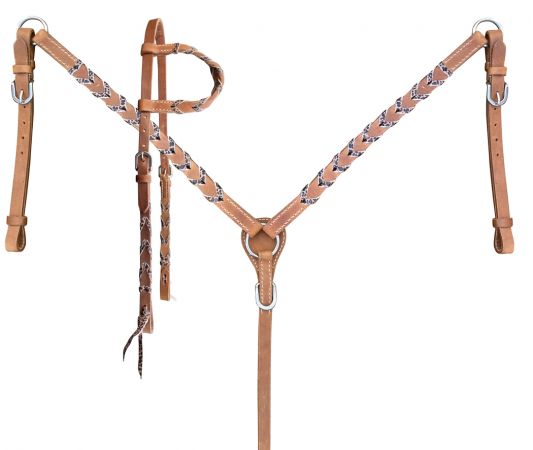 Argentina cow harness Leather one ear headstall and breast collar set with cheetah print lacing