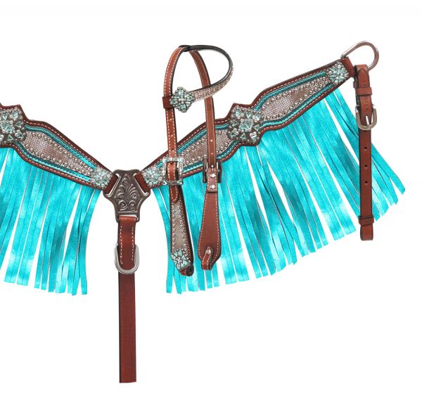 Pony Size Headstall and breast collar set with holographic snake print and metallic color fringe