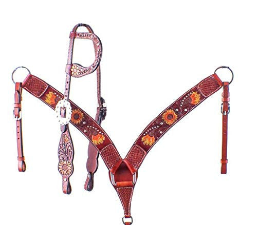 Hand Painted Sunflower One Ear Headstall & Breast Collar Set