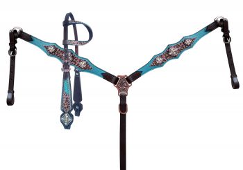 Cheetah overlay with teal accent Leather One Ear Headstall and Breast collar set